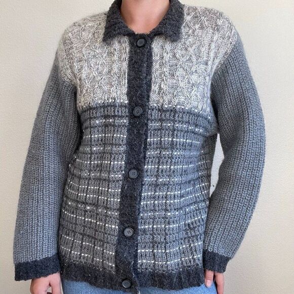 Vintage Womens 80s Wool Blend Gray Chunky Knit Geometric Cardigan Sz L - Picture 6 of 7